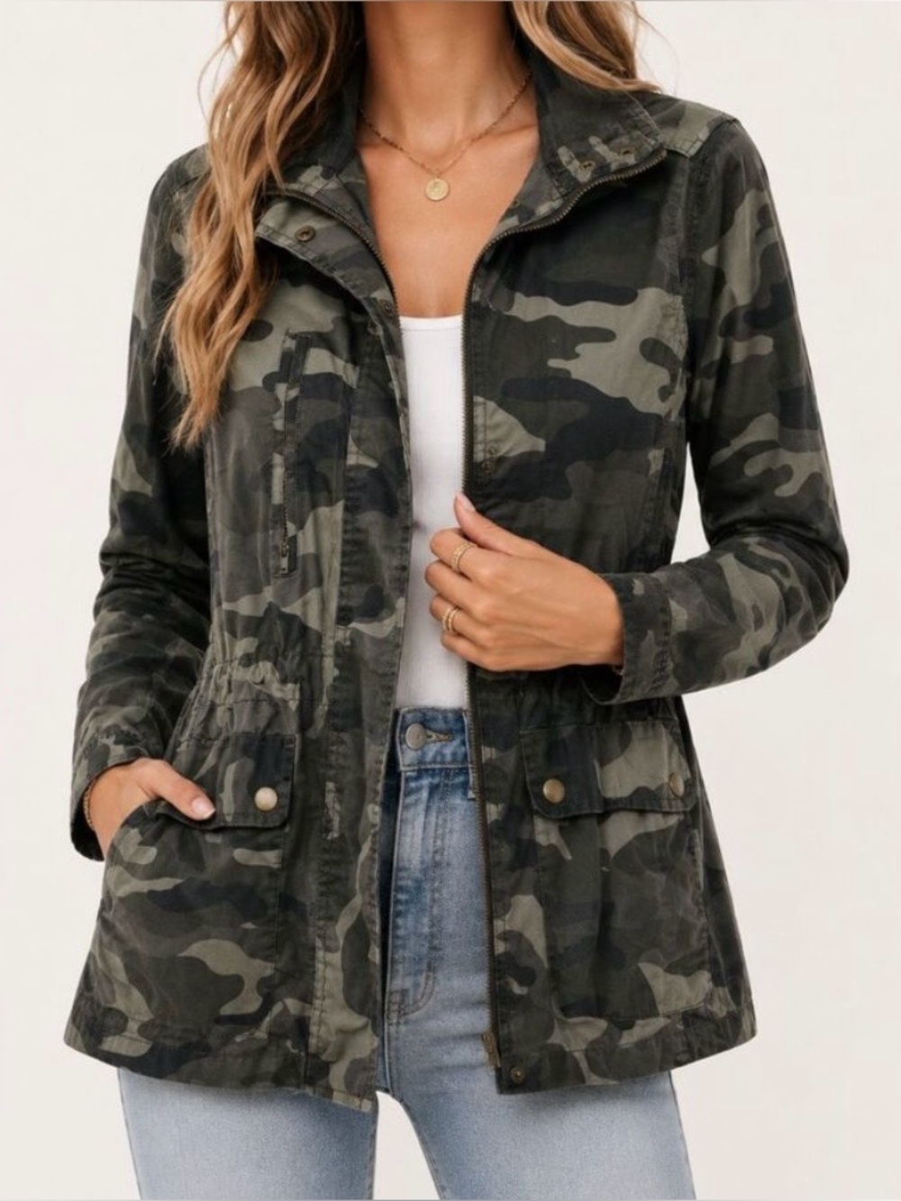Love Tree Camo Jacket Zip Snap Front Cinch Waist Lightweight 100% Cotton XLarge